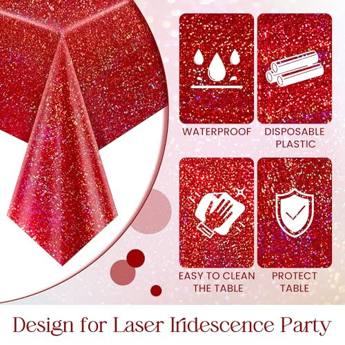 Red & Silver Carnival Laser Tablecloth 40" x 108" Shining Christmas Holiday Holographic Table Cloth Birthday Graduation Party Table Cover Plastic Foil Party Supplies For Anniversary Baby Shower - color: Red & Silver