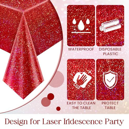 Red & Silver Carnival Laser Tablecloth 40" x 108" Shining Christmas Holiday Holographic Table Cloth Birthday Graduation Party Table Cover Plastic Foil Party Supplies For Anniversary Baby Shower - color: Red & Silver