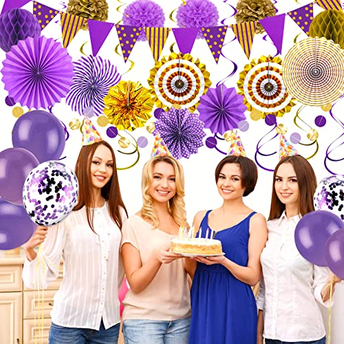 24 Pcs Purple Gold Party Decorations, Paper Fans Pom Poms Banner - color: Purple Gold