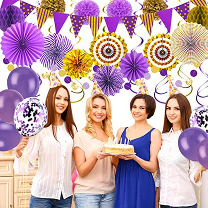 24 Pcs Purple Gold Party Decorations, Paper Fans Pom Poms Banner - color: Purple Gold