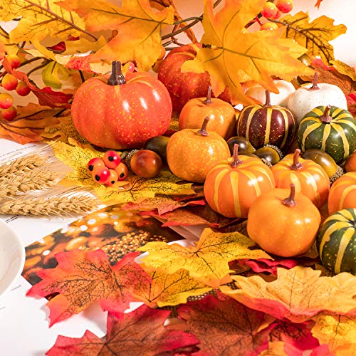 Whaline 160 Pcs Fall Decorations for Home Autumn Artificial Maple Leaves Harvest Pumpkins Gourds Acorns and Orange Berry Stems Set for Thanksgiving Halloween Home Table Decoration Party Backdrop