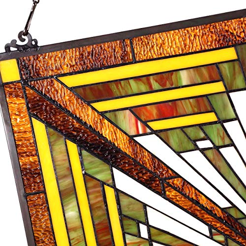 Bieye W10023 Mission Tiffany Style Stained Glass Window Panel with Chain, 24-inch Wide Square Shape, Brown