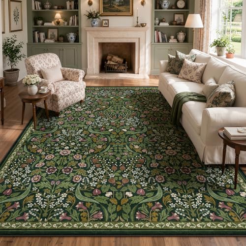 Lahome Floral 8x10 Green Living Room Rug, Large Washable Rugs for Bedroom - color: Green, size: 8' x 10'