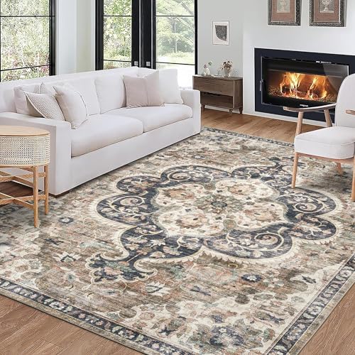 ReaLife Rugs Machine Washable Area Rug - Living Room Bedroom Bathroom Kitchen Entryway Office - Padded Low Pile Stain Resistant Premium - Boho Farmhouse Vintage - Joy - Brown Beige 7'6" x 9'6" - color: Medallion - Brown Ivory, size: 7'6" x 9'6" (Rectangul
