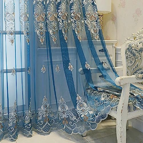 Amidoudou 1 Pair European Jacquard Sheer Curtains Embroidered Tulle Curtains Living Room Bedroom Luxury Translucent Curtains (Blue,51x84 Inch) - color: Blue, size: 51"W x 84"L (Pack of 2)