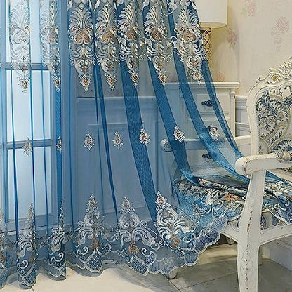 Amidoudou 1 Pair European Jacquard Sheer Curtains Embroidered Tulle Curtains Living Room Bedroom Luxury Translucent Curtains (Blue,51x96 Inch) - color: Blue, size: 51"W x 96"L (Pack of 2)