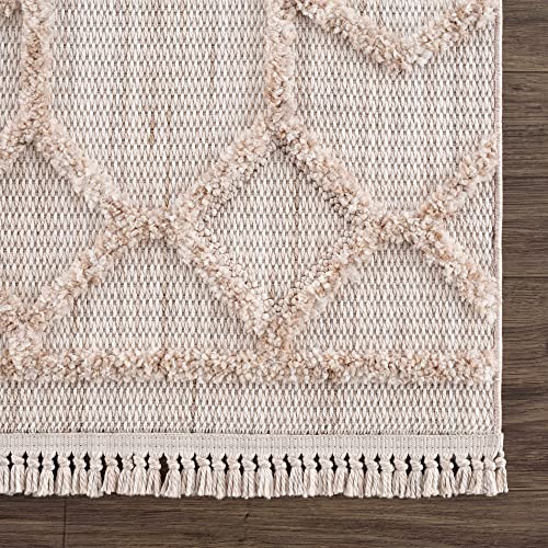Hauteloom Hive Farmhouse Living Room Bedroom Modern Moroccan Trellis Area Rug - Soft Shaggy High Low Carpet - High Pile - Bohemian, Boho - Gray, Brown, Beige, Cream - 6'7" x 9' - color: Cream, Beige, Light Gray / Malilinao, size: 6'7" x 9' (Rectangular)