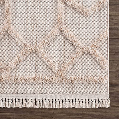 Hauteloom Hive Farmhouse Living Room Bedroom Modern Moroccan Trellis Area Rug - Soft Shaggy High Low Carpet - High Pile - Bohemian, Boho - Gray, Brown, Beige, Cream - 5'3" x 7' - color: Cream, Beige, Light Gray / Malilinao, size: 5'3" x 6'11" (Rectangular