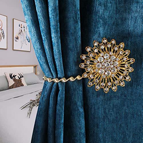 Magnetic Curtain Tiebacks Sparkling Flower Window Curtain Bind Holdback Buckles Clips Tie Backs Drapery Holders with Stretchable Spring Wire Rope for Decoration- FWF003-Gold- 2 Pack - color: Gold, size: FWF003
