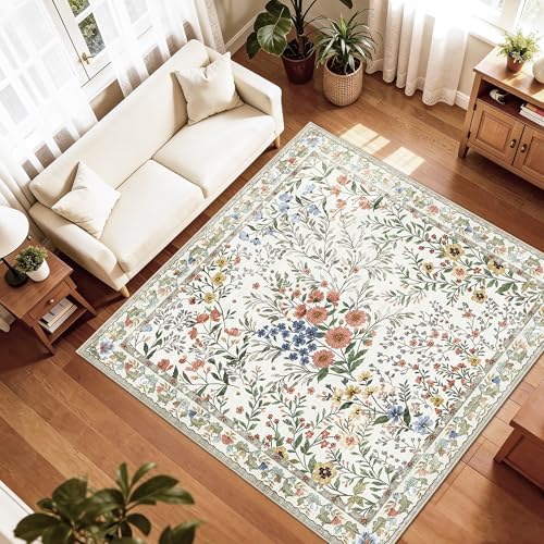 6x6 Washable Area Rug Living Room: Floral Non-Slip Washable Mat for Indoor Floor Dining Room Bedroom High Traffic Area - Soft Low Pile Carpet for Vintage Boho Home Decor (6ft Square, Beige) - color: Beige, size: 6x6