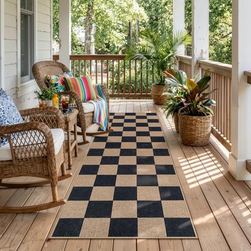 Lahome Checkered Easy Jute Outdoor Runner Rug, 2x6 Kitchen Rugs Washable - color: Black/Checkerboard -1, size: 2' x 6' (Runner)
