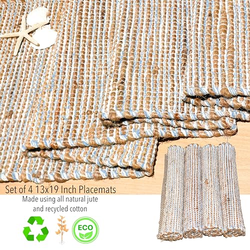 Chardin Home Natural Jute Placemats, Sky Blue-White, Set of 4, 13x19 in - color: Natural Jute-sky Blue-white, size: 13x19 Inch.