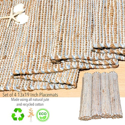 Chardin Home Natural Jute Placemats, Sky Blue-White, Set of 4, 13x19 in - color: Natural Jute-sky Blue-white, size: 13x19 Inch.