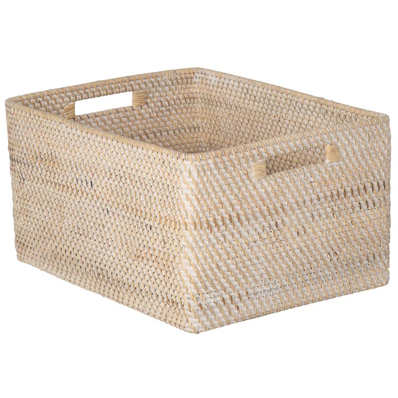 KOUBOO Loma Rectangular Rattan Storage Basket with Handles, White Wash - color: Latte