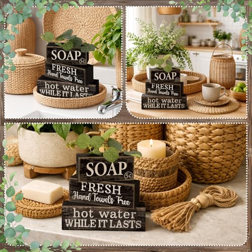 Lineshading 4 Pcs Wooden Bathroom Block Signs, Farmhouse Shelf Decor - style: Bathroom