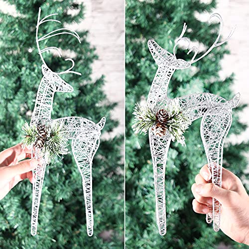 2pc Set White Pinecone Rattan Silver Thread String Christmas Reindeer Figurine Table Desk Decorations Glittering Xmas Holiday Party Supply - color: Silver