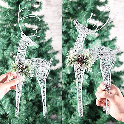 2pc Set White Pinecone Rattan Silver Thread String Christmas Reindeer Figurine Table Desk Decorations Glittering Xmas Holiday Party Supply - color: Silver