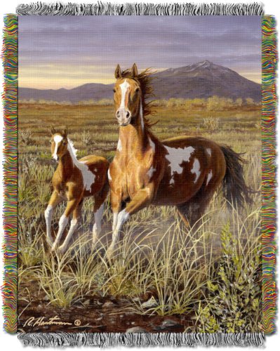 Northwest Hautman Brothers Wildlife Art Woven Tapestry Throw Blanket, 48" x 60", Running Pintos - color: Running Pintos