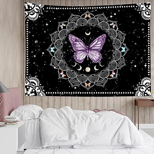 LB Butterfly Mandala Wall Tapestry Purple Butterfly Black and White Mandala Bohemian Tapestry Wall Hanging Star Moon Phase Aesthetic Wall Art Decor for Bedroom Living Room Decor Home Decor 60Wx40L Inches - color: Purple, size: 40"L x 60"W