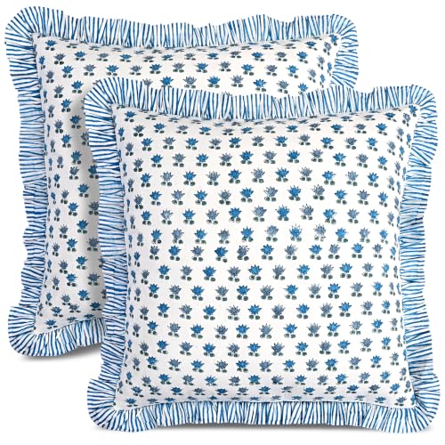 CPC Arctic Blue Block Print Ruffle Pillow Cover 18x18 Inch, Pack of 2 - color: Arctic Blue, size: 18" x 18" (Pack of 2)