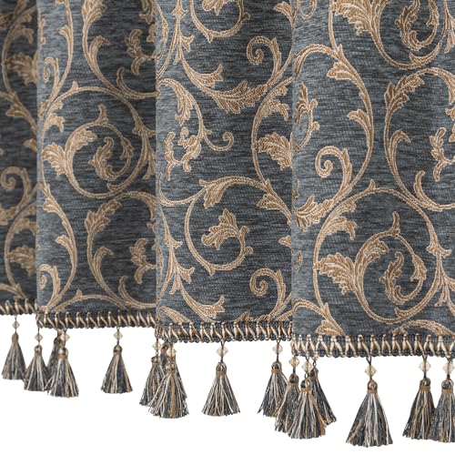 Loom and Mill Chenille Damask Valances for Windows, Blue-Grey+Khaki,54"x18" - color: Blue-grey+khaki