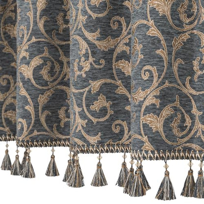 Loom and Mill Chenille Damask Valances for Windows, Blue-Grey+Khaki,54"x18" - color: Blue-grey+khaki