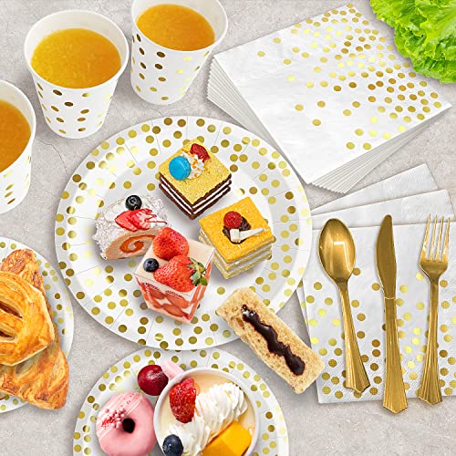 AIRE White Gold Dot Paper Plates Set, 350PCS Disposable Tableware for 50 - color: 350pcs White and Gold