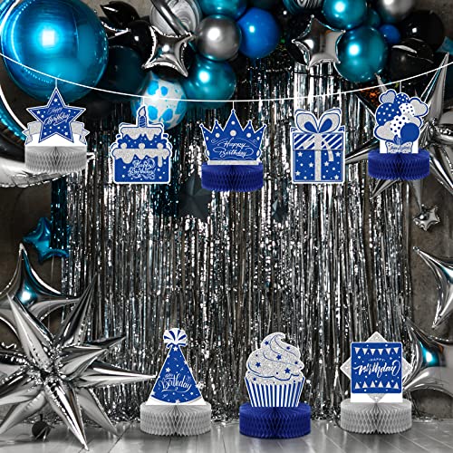 Teling 9 Pcs Happy Birthday Table Decorations Blue and Silver Decorations Navy Blue Centerpieces Happy Birthday Honeycomb Table Centerpieces for Men Women Party Supplies