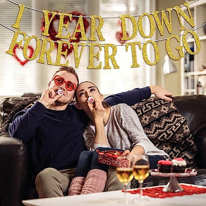 1 Year Down Forever to Go Banner, 1 Year of Marriage Gift, Happy 1st Wedding Anniversary Party Decoration Supplies, Gold Glitter