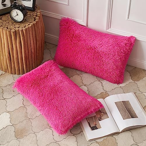 ANRODUO Pack of 2 Hot Pink Throw Pillow Covers Luxury Fluffy Pillows Faux Fur Decorative Pillows Plush Cushion Case Fuzzy Mongolian Merin Style for Bed Couch Sofa Living Room Summer Decor 12x20 Inch - color: Hot Pink, size: 20" x 12" (Pack of 2)