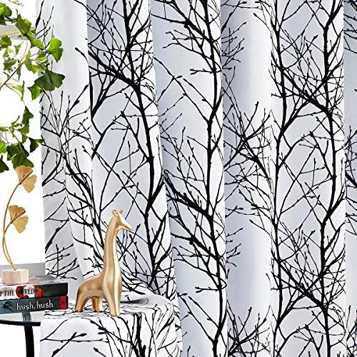 FMFUNCTEX 100% Blackout Black Grey Tree Branch Curtains 63 Inch 2 Panels - color: Grommet | Black, size: 52"W x 63"L (Pack of 2)