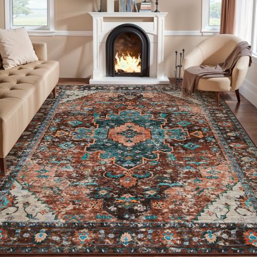 Ciicool 8X10 Area Rug for Living Room,Washable Large Soft Non-Slip Bedroom - color: Brick Red/Dull Teal, size: 8' x 10' (Rectangular)
