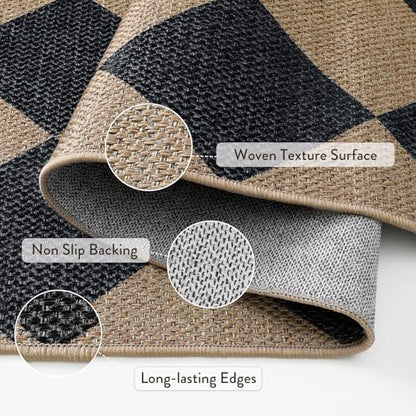 Lahome Checkered Easy Jute Round Rug 3ft, Outdoor Entryway Rug Washable - color: Black/Checkerboard -2, size: 3' Round