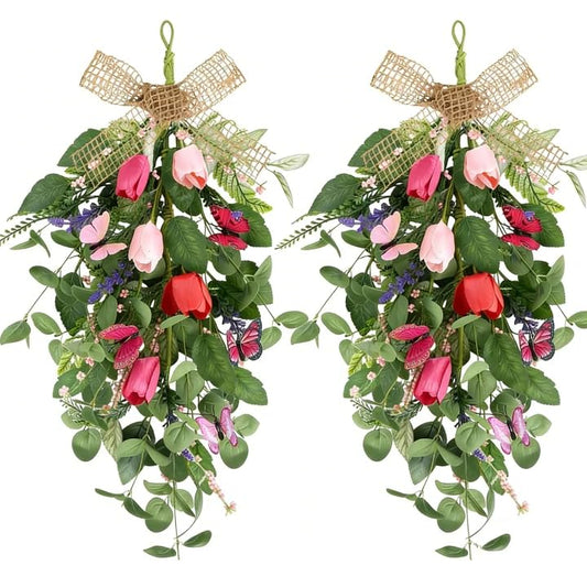 2 PCS Summer Wreaths for Front Door 22" Tulip Teardrop Swag with Purple Tassels Eucalyptus Leaves Ferns Butterflies for Indoor Outdoor Wall Festival Home Farmhouse Wedding Decor - size: Medium Tulip Swags