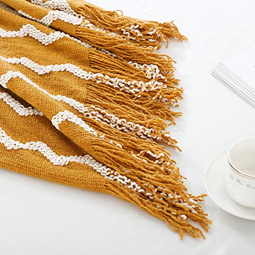 BOURINA Knitted Throw Blanket Boho Chenille Blanket,Dark Gold 50x60Inch - color: A-mustard, size: 50"×60"