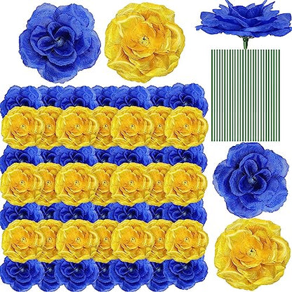 Yunlly 100 Pcs Artificial Flower for Wedding, Blue, Gold - color: Blue, Gold