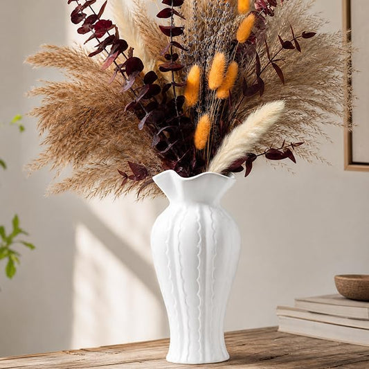 White Ceramic Vase for Flowers, 10 Inch Ruffled Vase for Home Decor Gift - color: White