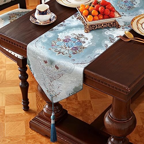 120" Long Table Runner Luxury Retro Embroidery Pattern with Light Blue - color: Blue, size: 13x120"