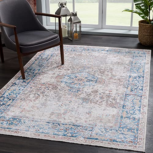 Bloom Rugs Caria Washable Non-Slip 3x5 Rug - Beige/Ocean Blue Traditional Area Rug for Living Room, Bedroom, Dining Room, and Kitchen - Exact Size: 3' x 5' - color: Beige / Ocean Blue, size: 3' x 5' (Rectangular)