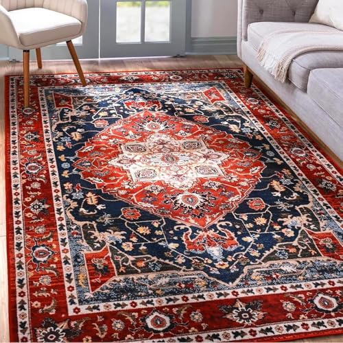 YJ.GWL Area Rug for Living Room, 3x5 Machine Washable Boho Rug for Bedroom, Low Pile Lightweight Thin Rugs Floral Vintage Distress Print Pattern Carpet for Dining Room Kitchen, Red - color: Red, size: 3' x 5' (Rectangular)