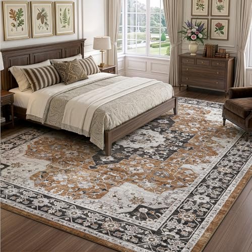 DEXI 5x8 Vintage Area Rugs for Living Room, Washable Rug for Bedroom, Brown - color: Brown, size: 5' x 8' (Rectangular)