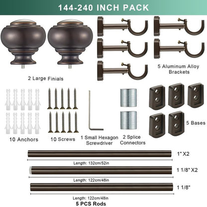 1 1/8 Inch Heavy Duty Curtain Rods, Extra Long Curtain Rod for Window 144-240 Inch(12-20ft), Telescoping Drapery Rods with Classic Finials and Adjustable Aluminum Alloy Brackets, Antique Brown - color: Antique Brown, size: 144-240"