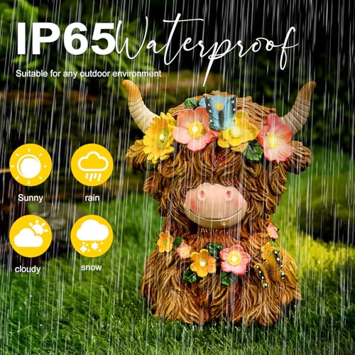 Colingmill 2 Pack Highland Cow Solar Lights Spring Easter Highland Cow Garden Resin Statue with Flower Decoration Solar Outdoor Decor for Patio Yard, Ideal Gift for Mom and Women