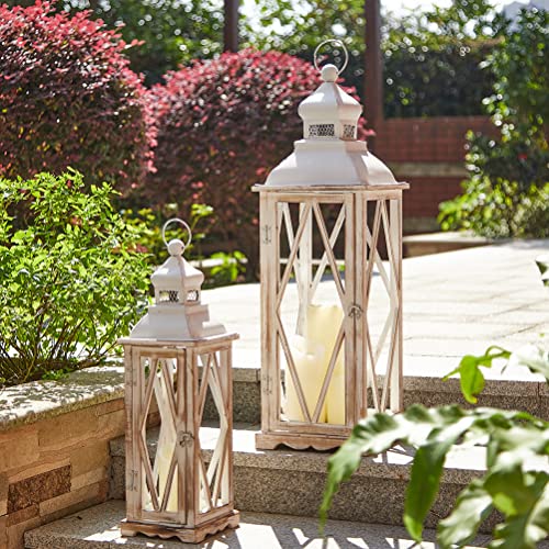 Glitzhome Lanterns Decorative Indoor, Set of 2 Farmhouse Decorative Candle Lanterns, Large Wooden Lanterns Decor Floor Candle Holder Lanterns, Distressed Hanging Lanterns for Home Décor (No Glass) - color: Diamond White