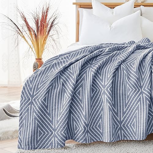 jinchan 100% Cotton Muslin Blanket Twin Boho Throw Blanket 50x60 Slate Blue - color: B. Triangle Blue, size: 50"x60"
