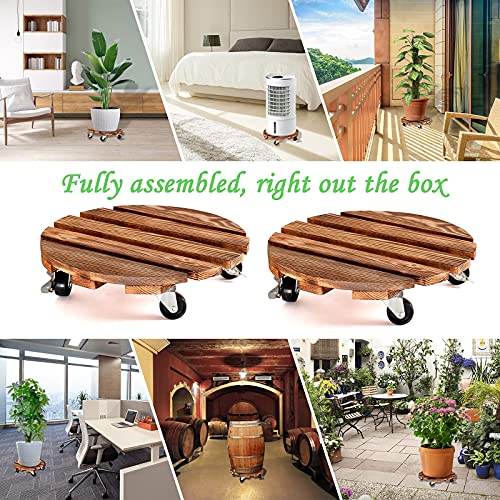 HOHY 2 Pack 12" Plant Caddy, Plant Stand with Wheels Wooden, Round