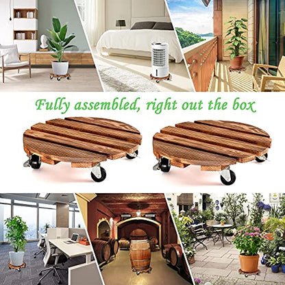 HOHY 2 Pack 12" Plant Caddy, Plant Stand with Wheels Wooden, Round