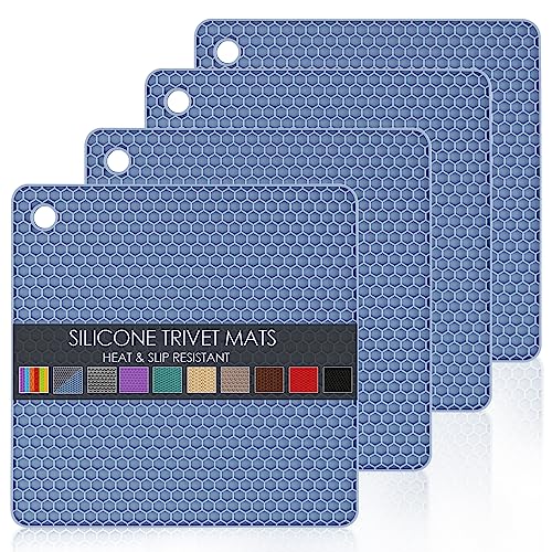 4 Pack Silicone Trivet Mat, Silicone Trivets for Hot Pots and Pans, Non-Slip & Heat Resistant Silicone Hot Pad for Kitchen Counter Mat Set, Soft Drying Mat, Jar Opener and Coasters, Square, Blue - color: 02 Morandi Blue Square, size: 7x7in