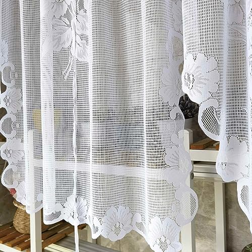 1 Panel White Floral Embroidery Tie-Up Sheer Lace Curtain Valance - color: White, size: 70"W x 39"L (Pack of 1)