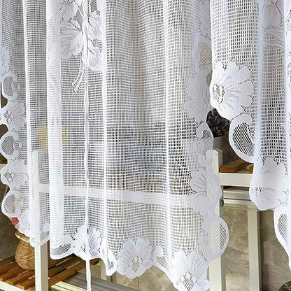 1 Panel White Floral Embroidery Tie-Up Sheer Lace Curtain Valance - color: White, size: 70"W x 39"L (Pack of 1)